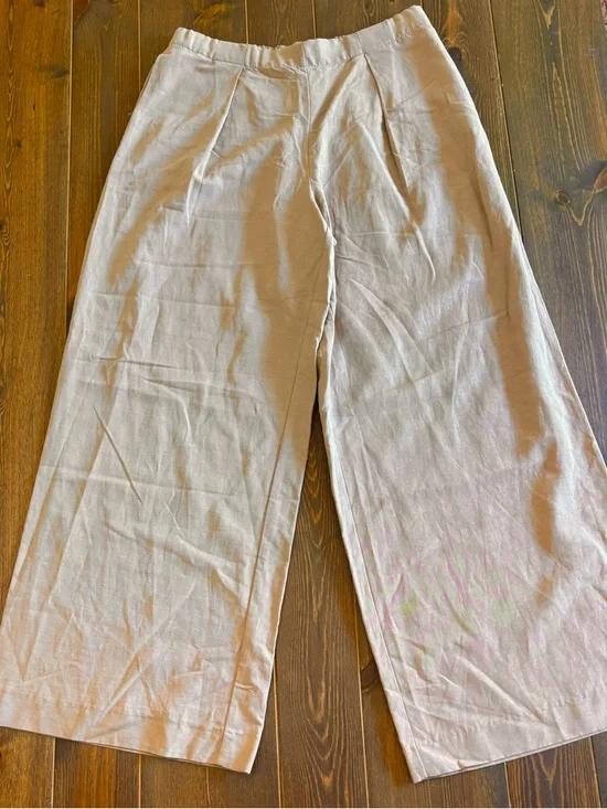 Zara Linen Blend Wide Leg Pull-On Pants Pleated Front Neutral Tan Size Medium - Picture 3 of 13